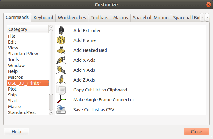 Available commands in FreeCAD grouped together by categories